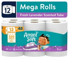 Angel Soft 2-Ply Toilet Paper, Fresh Lavender Scented Tube, 12 Mega Rolls