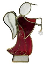 Red Stained Glass Angel Figurine Gold Halo Trim Praying Hands EUC Christmas