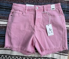 Judy Blue Women s Large Pink Garment Dyed Denim Shorts Mid Rise Raw Hem NWT