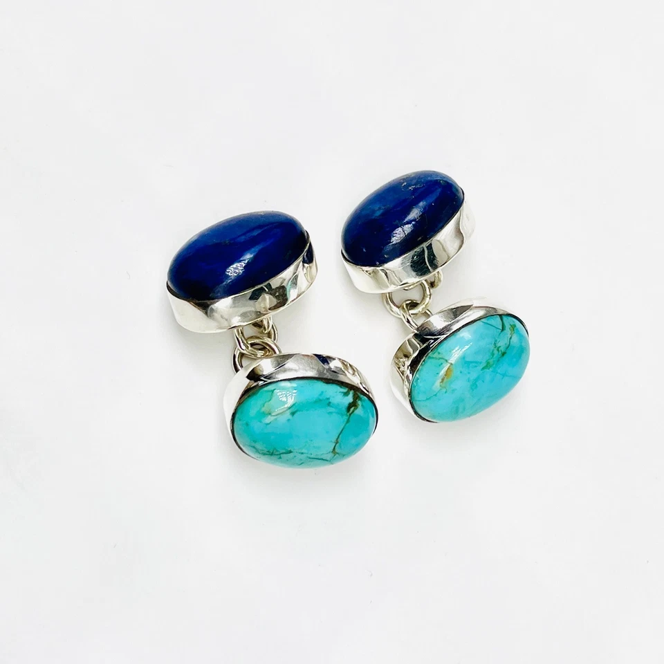 Gemelos para hombre azul turquesa y lapislázuli piedras preciosas plata de ley 925 Foto 2 de 4