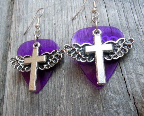 Winged Cross Charm Guitar Pick Earrings - Pick Your Color - Picture 10 of 21