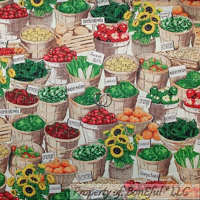BonEful Fabric FQ Cotton Quilt Green Vegetable Fruit Basket Market Lemon Yellow