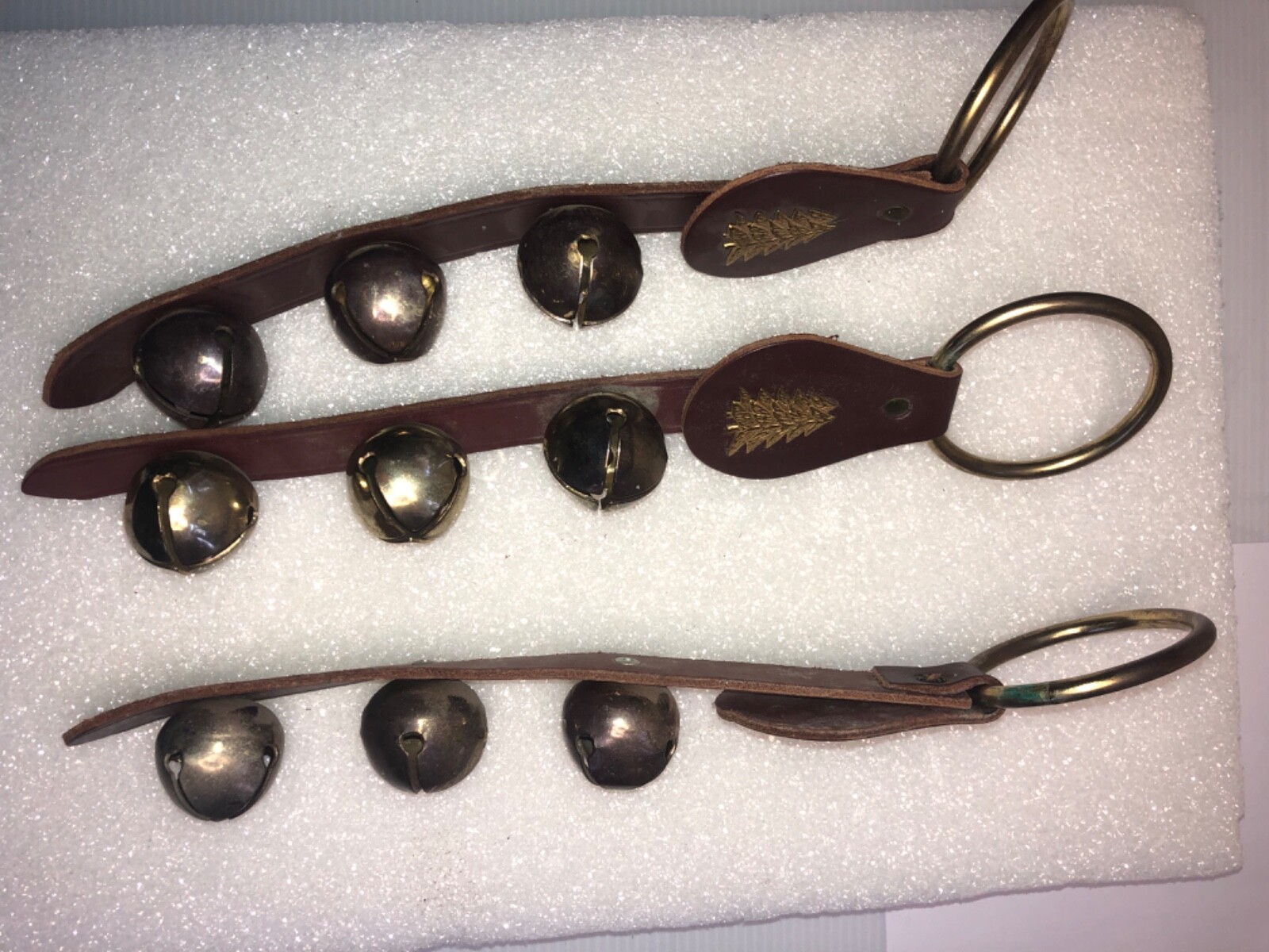 Three (3) 14”  Sleigh Jingle Bells On A Leather Strap Christmas Reindeer 9 Bells