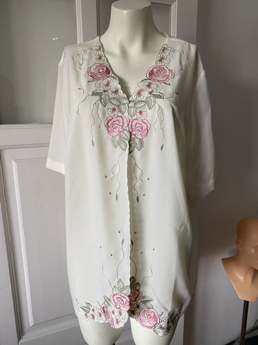 Vintage Blouse Kimono Style Open Embroidery Size M/L Cream