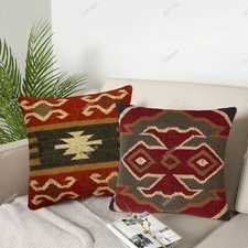 2 Pc Ethnic Wool Jute Cushion Cover Kilim Style Throw Pillowcase Bohemian 18x18"