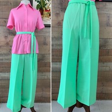 Vintage 1970s MOD Mint Green Pull On Wide Leg Trouser Polyester Pants Sz Medium