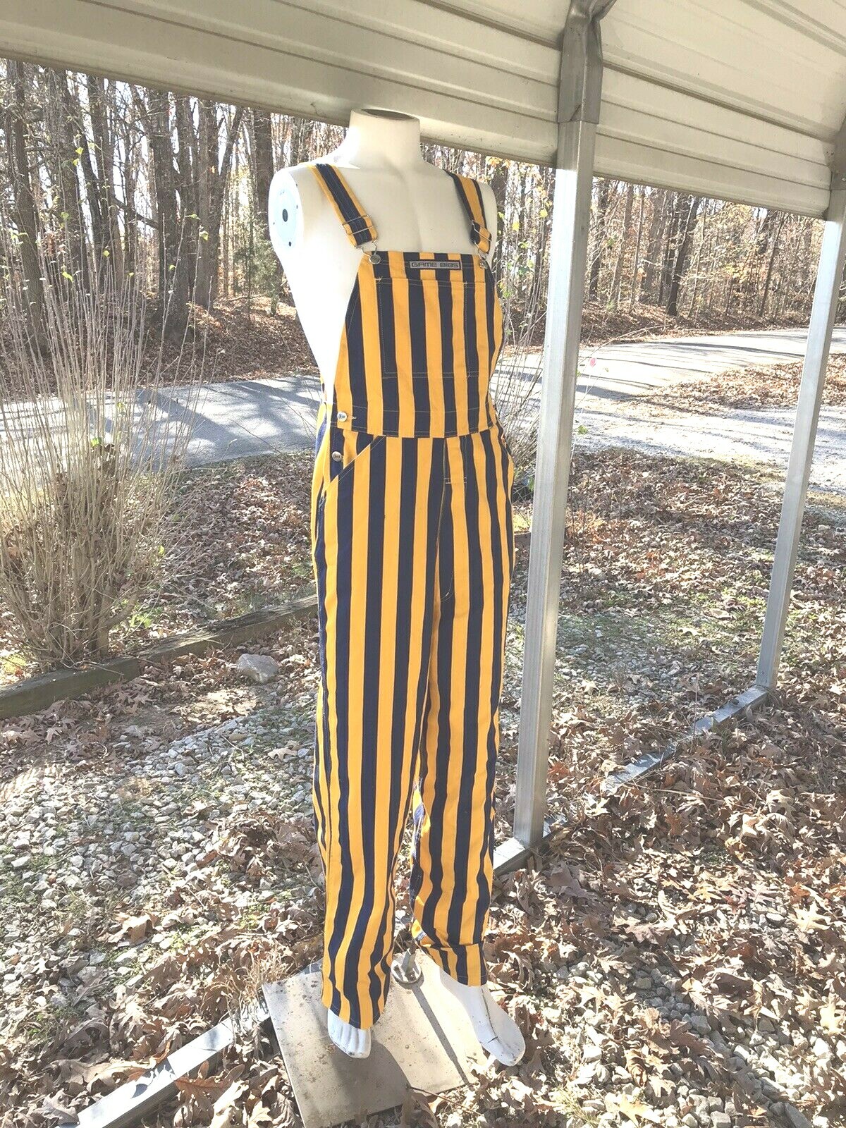blue and gold striped overalls