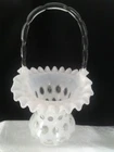 Fenton White Opalescent Coin Dot 11 " Handled  Glass Basket