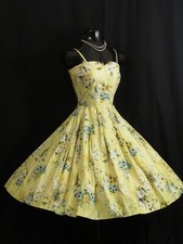 SALE Vintage 1950's 50s Lemon Yellow Floral Polished Cotton Party Sun DRESS