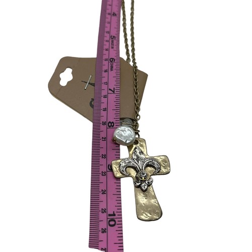 Fleur de Lis Cross Necklace Nola Style New Orleans Style Mixed Metals "Stones" - Picture 5 of 9