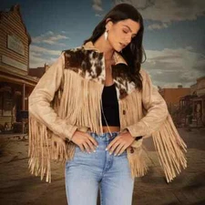 Women  Western Hair on Hide Cowgirl Fringe Jacket Real  Leather Rodeo Style Coat