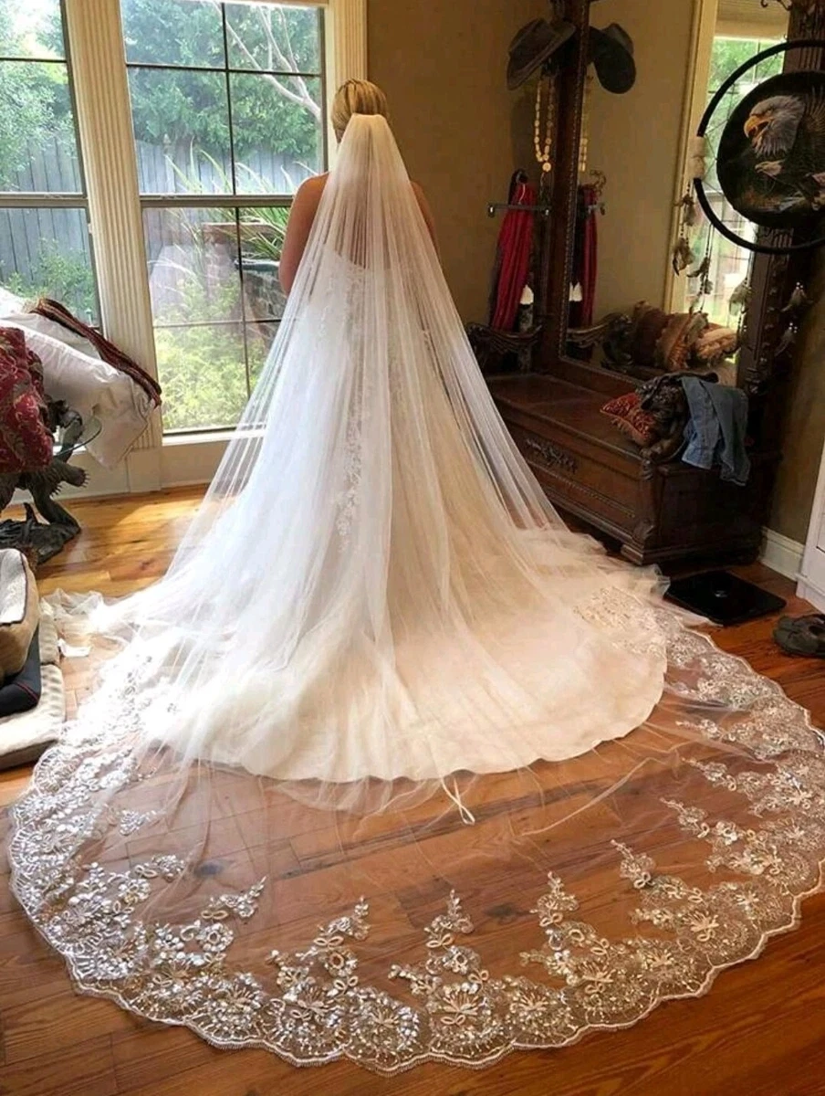 White Floral Sequin Trim Bridal Cathedral Wedding Veil One Tier