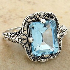 GENUINE SKY BLUE TOPAZ 925 STERLING SILVER ART DECO STYLE FILIGREE RING   962X