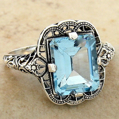 GENUINE SKY BLUE TOPAZ 925 STERLING SILVER ART DECO STYLE FILIGREE RING     962X