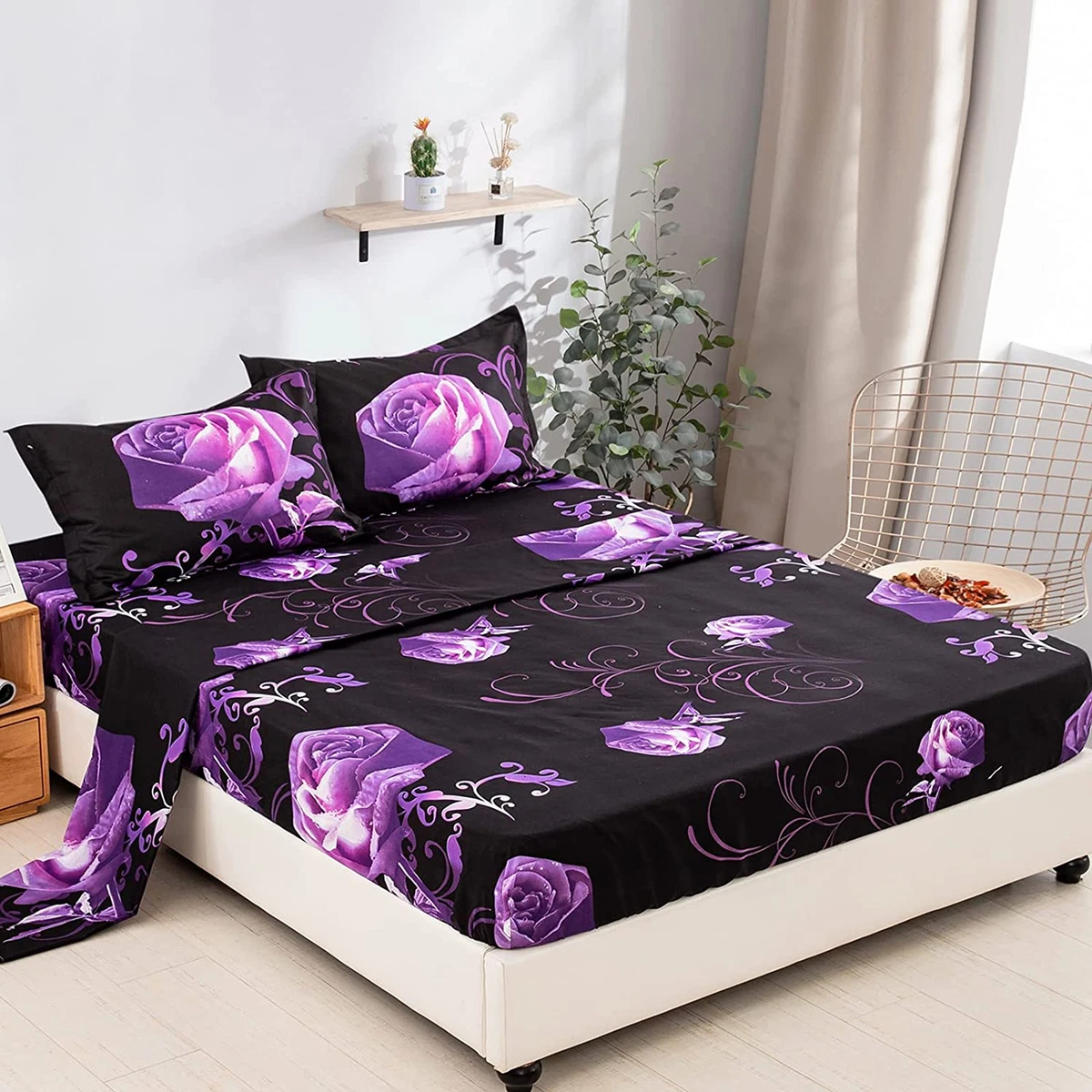 Purple Sheet Set Queen 4 Piece Soft Microfiber Purple Rose Bedding Sheets