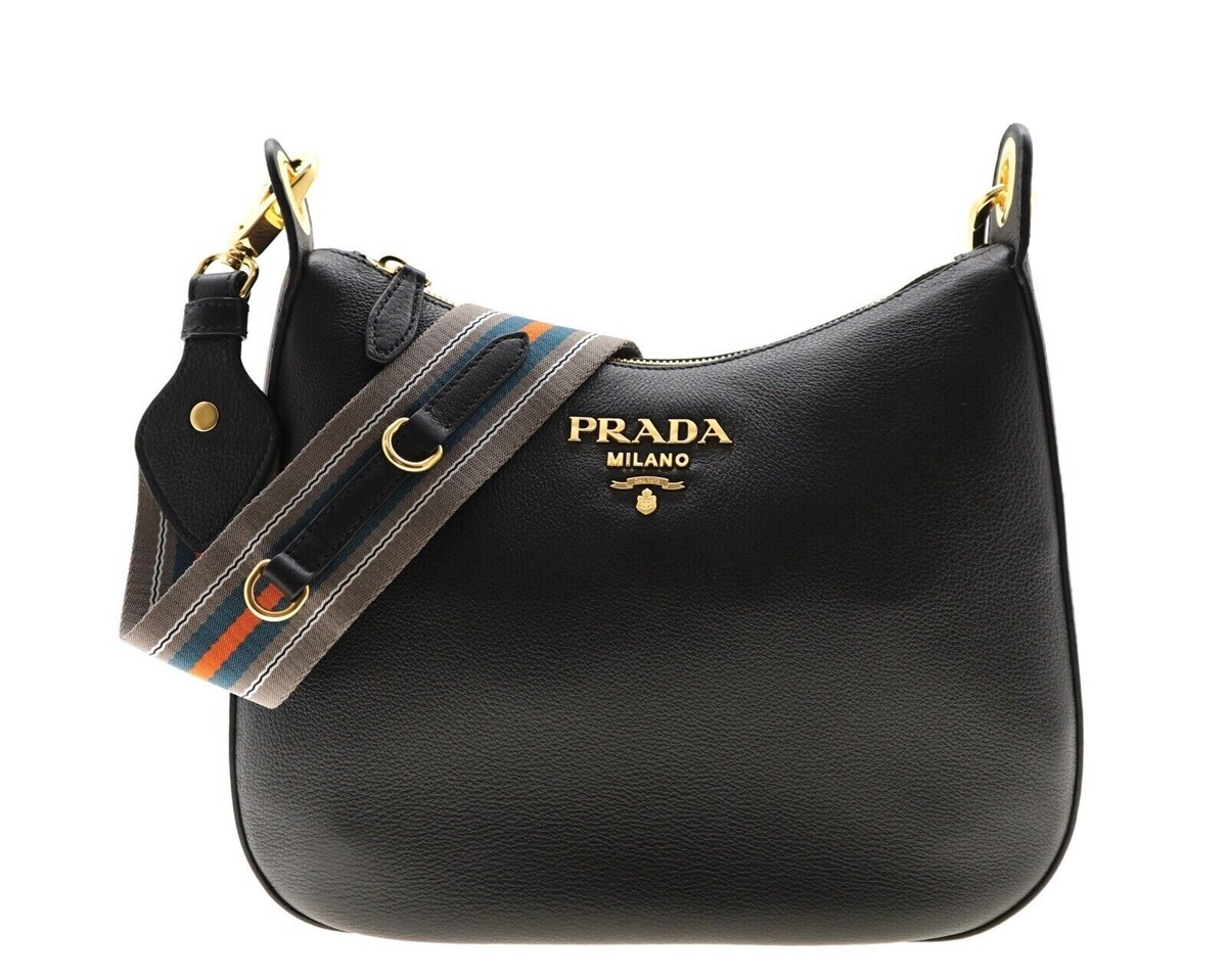 Prada Hobo Web Strap Shoulder Bag Black Leather 1BC166 New Prada Hobo Web Strap Shoulder Bag Black Leather 1BC166 New