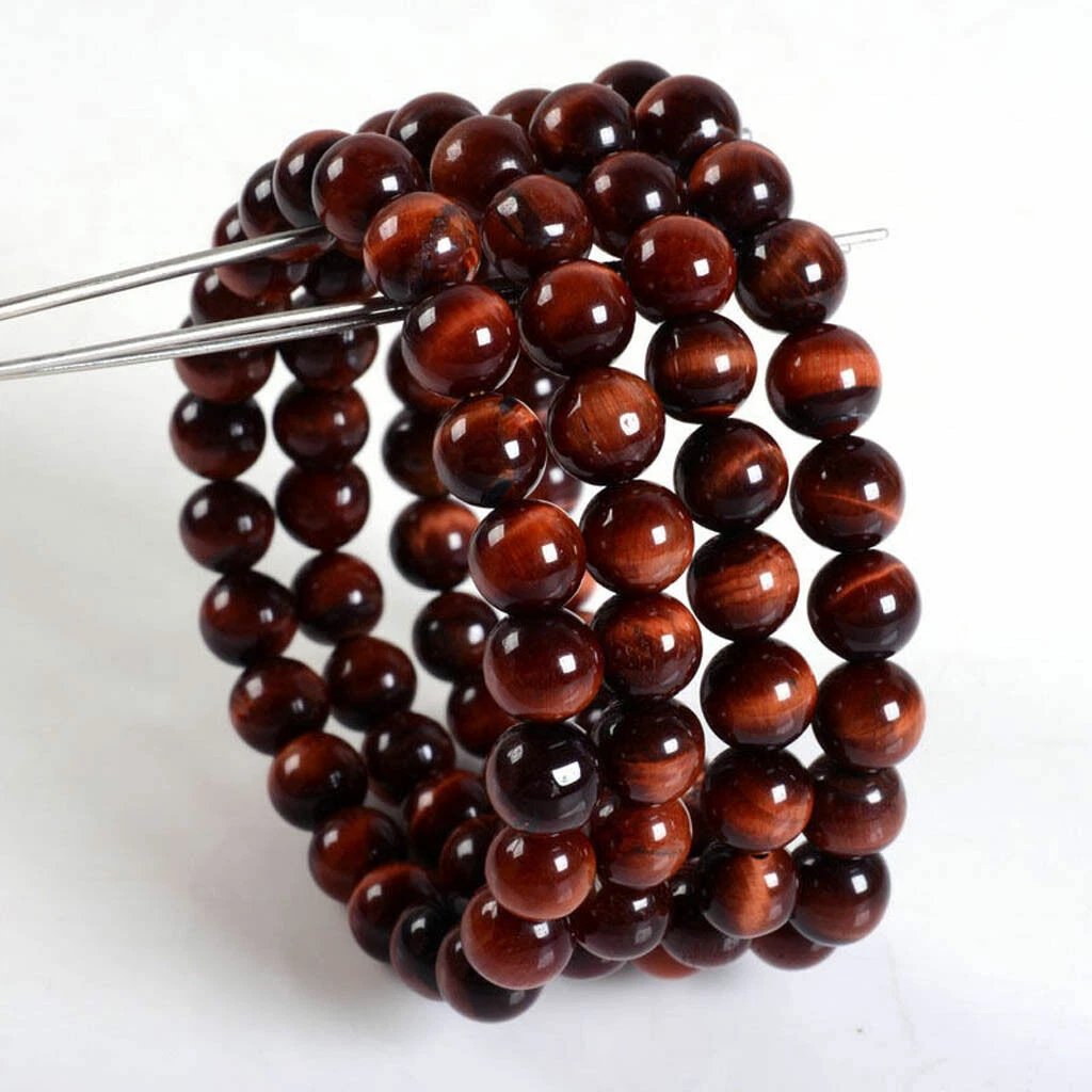 VALENTINO Bracciale all'ingrosso 4 pezzi 6 8 10 mm occhio di tigre rosso pietre preziose rotonde estensibile 7 5"