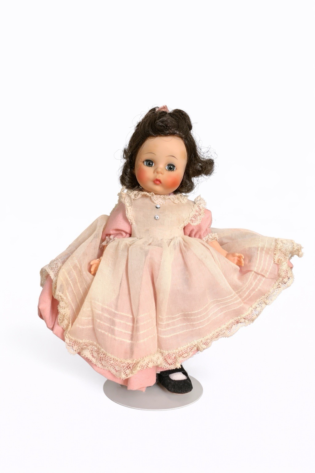 Fashion Doll Light Complexion Curly Dark Brown Hair Pink Dress Black Shoes