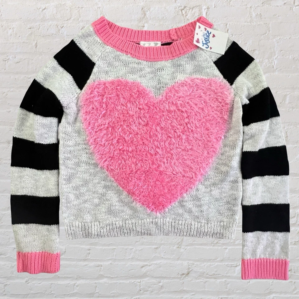 Justice Girls Fuzzy Pink Heart Multicolor Striped Sweater Girls 5 Crop Soft NWT - Image 3 of 4