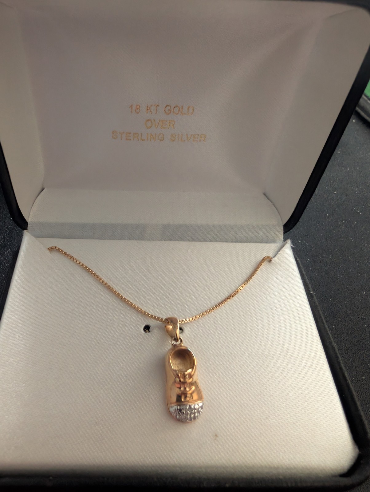 Baby Shoe charm on 18" necklace in box  18k gold plated over silver