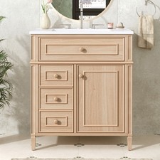 30" Bathroom Vanity w/Ceramic Sink, Freestanding Bath Vanity Cabinet, 3 Drawers