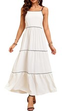NEW Women's White Long Sundress Flowy Maxi Dress Spaghetti Straps MEDIUM