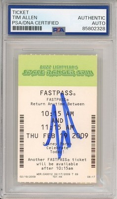 TIM ALLEN SIGNED DISNEY WORLD BUZZ LIGHTYEAR SPIN FASTPASS PSA DNA COA AUTOGRAPH
