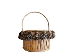 Vtg Pinecone Basket Rustic Primative Holiday Folk Art Centerpiece Cabin Decor