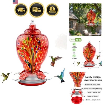 Hummingbird Feeder for Outdoors Patio Large 32 Ounces Colorful Hand Blown Gla...