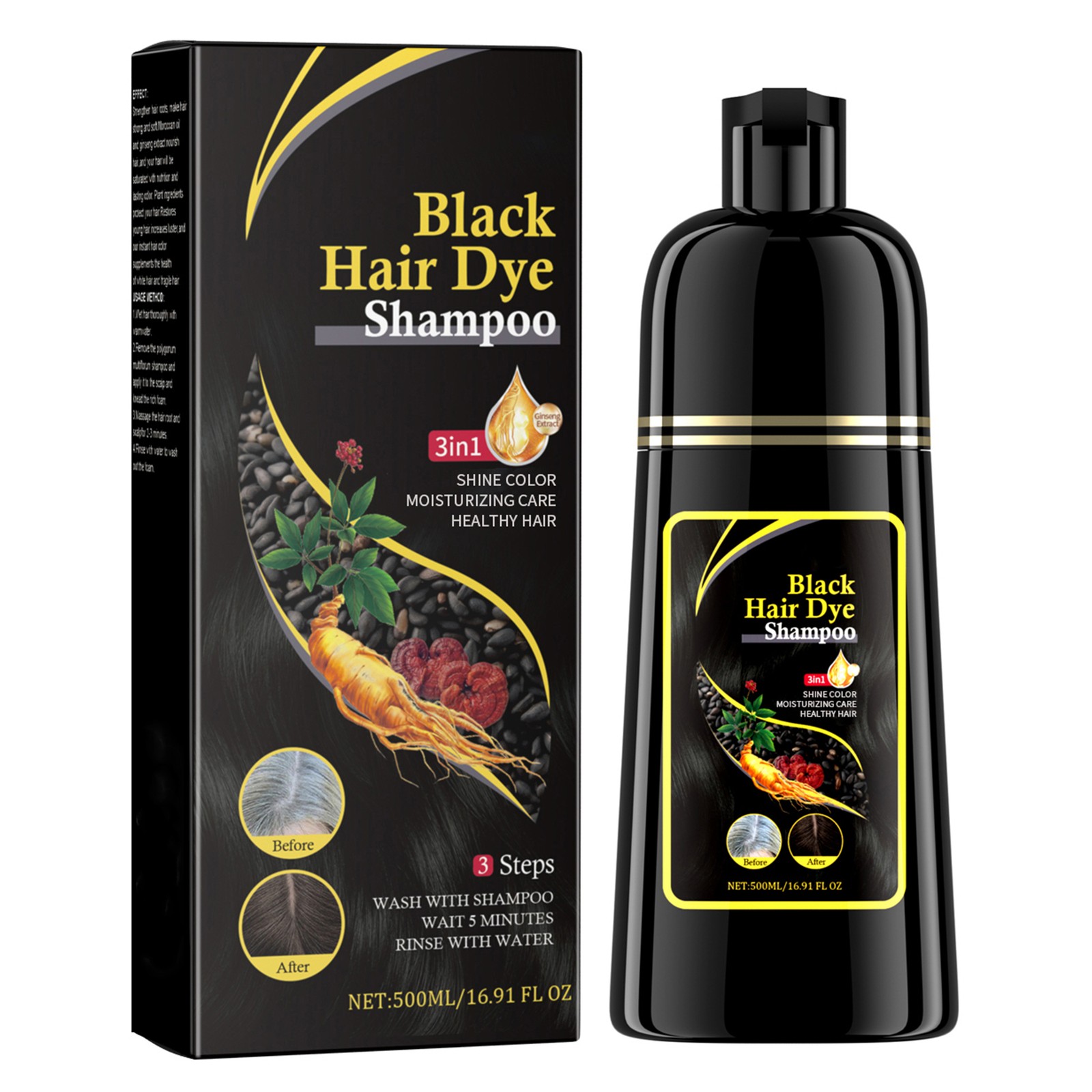 Black Hair Dye Shampoo 500 ml 3 in 1 Hair Color Shampoo Instant Grey Coverage