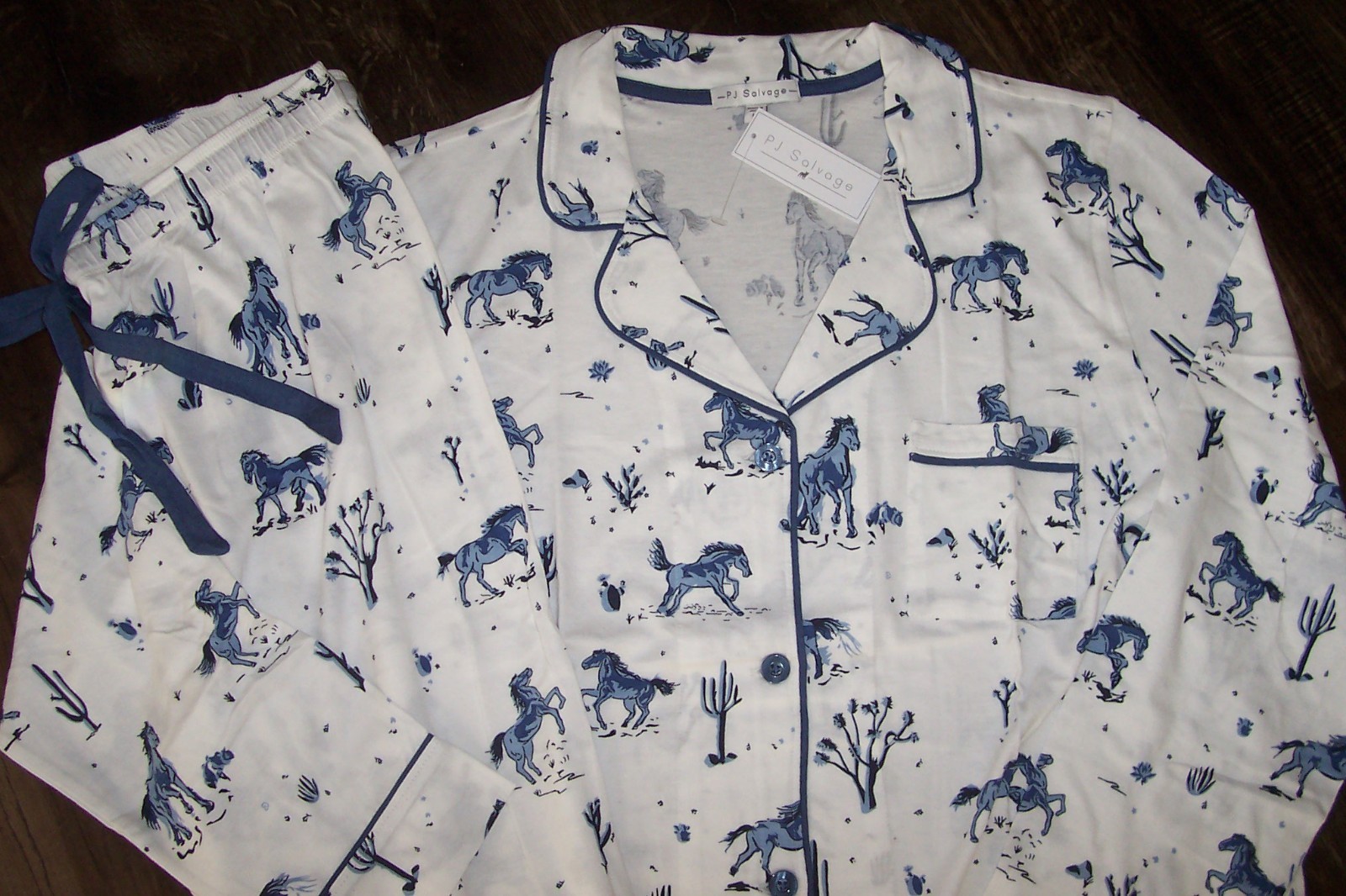 NWT PJ Salvage White/Blue DESERT DAZE HORSES Knit Pajama/Lounge Set Women's M