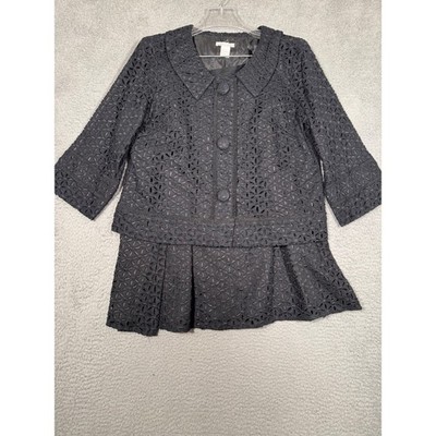 Tweeds Black Linen Blend Eyelet Skirt Suit Set Jacket & Skirt Floral Size L