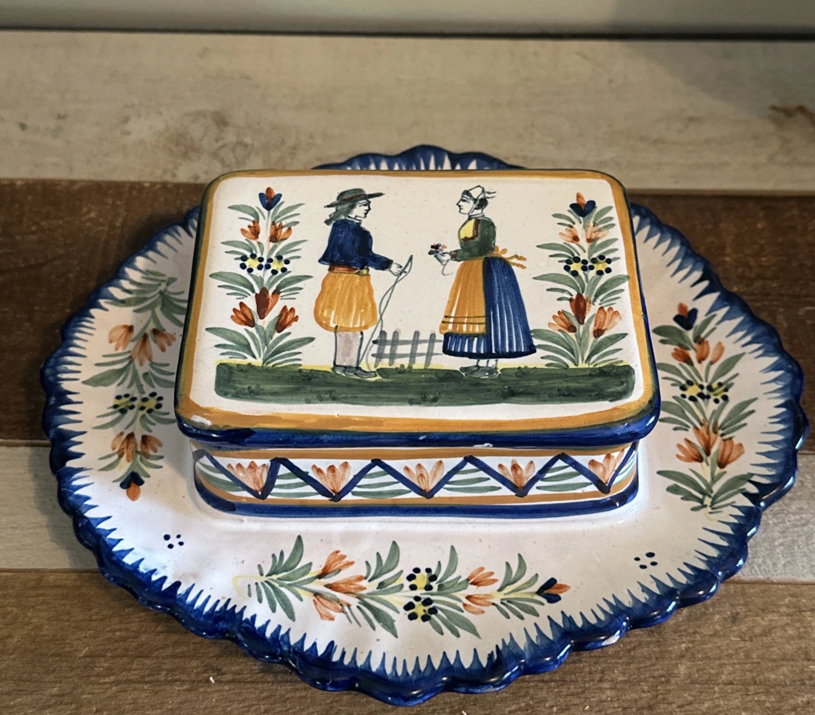 VINTAGE Henriot QUIMPER FRANCE Butter Dish Hand Painted Blue Man Woman Garden