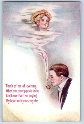 c1910's Man Pipe Smoking Pretty Woman Fantasy Think Of Me At Evening Postcard