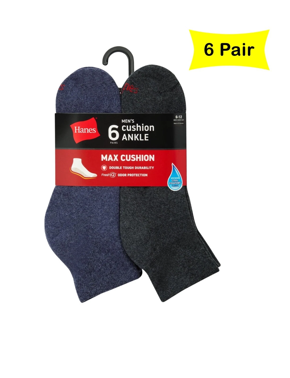 Hanes Ankle Socks 6-Pack Mens Max Cushion Cool ComfortBlend FreshIQ Max Cushion