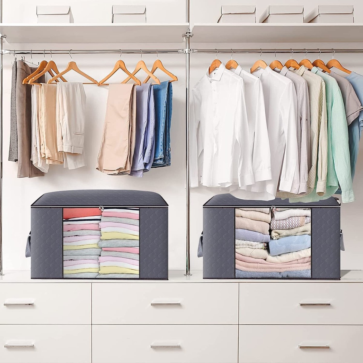 LAMU 2 pezzi Contenitori sottoletto, scatole di stoccaggio sotto il letto, 54L sacchetti di stoccaggio sotto il letto pieghevoli con finestra e 3 maniglie in PU per vestiti, coperte, piumone, grigio
