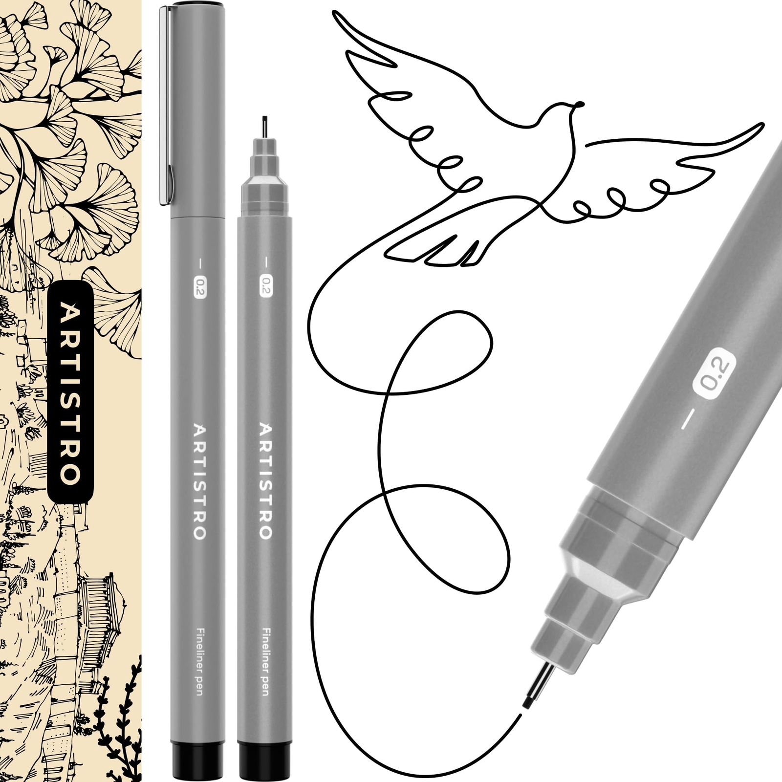 Set of 2 Fineliner Pens, Black Micro Pens for Drawing, Waterproof Archival In...