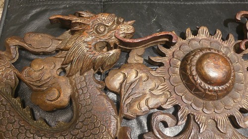 Chinese Qing Dyn Hand-Carved Wooden Sculpture: 2 Fish Dragons & Pearl of Wisdom - Picture 8 of 12