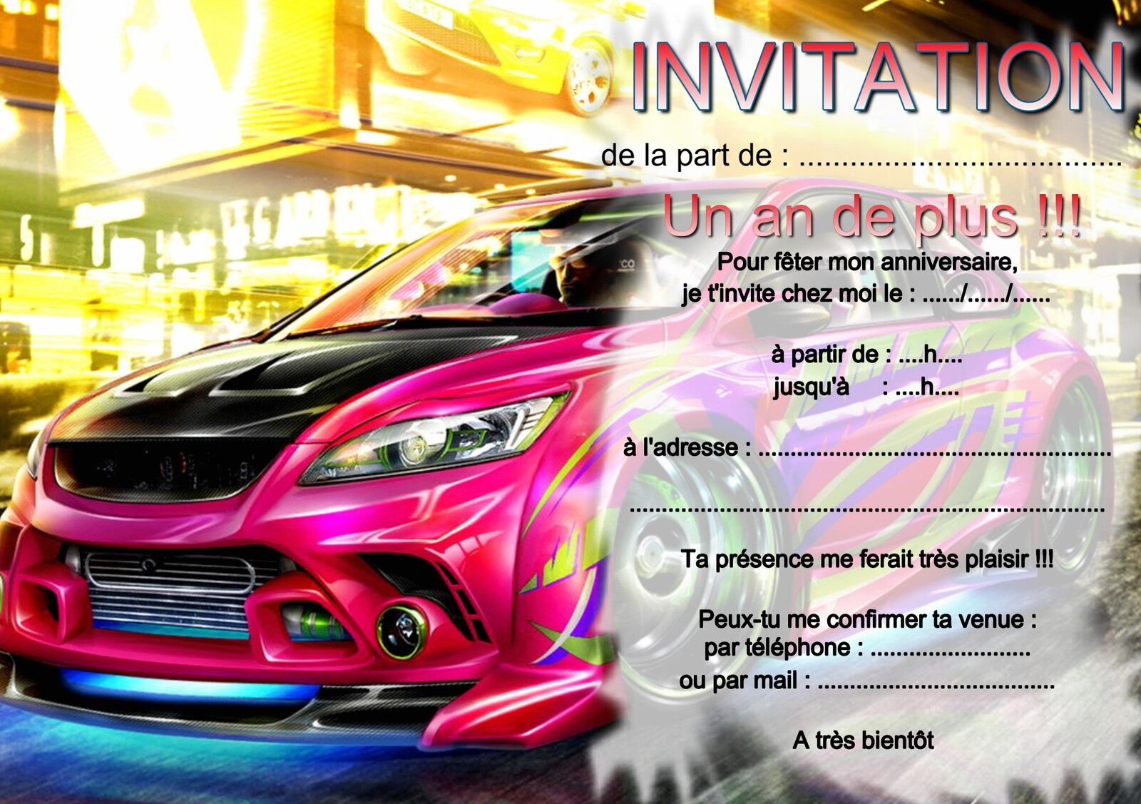 Carte Invitation Anniversaire Enfant Voiture Bleue