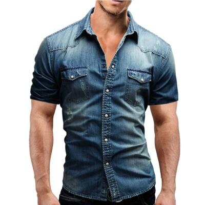 Men Summer Denim Thin Shirt Short Sleeve Soft Cotton Two