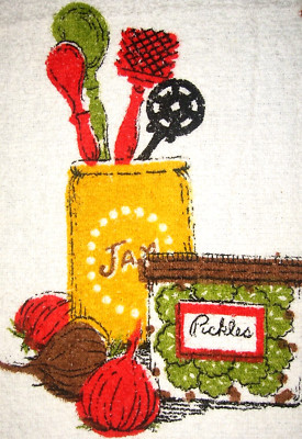 NEW 60s MCM Veggies-Utensils-Pickle Jar CANNON Dry-Fast Kitchen Terry Dish Towel