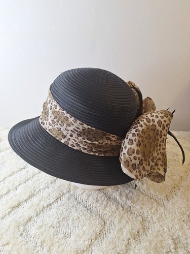 Women's KENTUCKY DERBY Straw Hat Black Feathers Bow Rhinestone Brooch Old Money - Picture 4 of 10