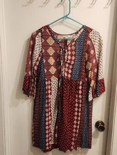Ganji LA Dress Womens Medium Burgandy/Blue Floral Mini Boho, Lagenlook Dress