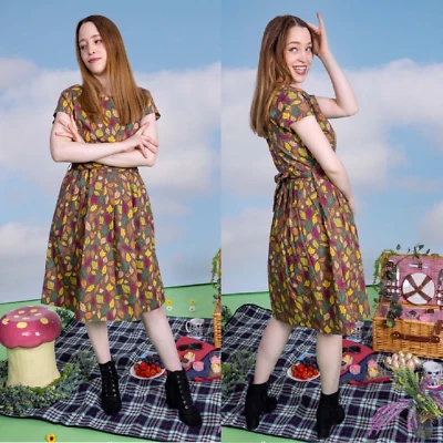 Run and Fly Robe Imprimé Feuilles Coton Stretch Marron Poches Col Rond - Photo 1/4