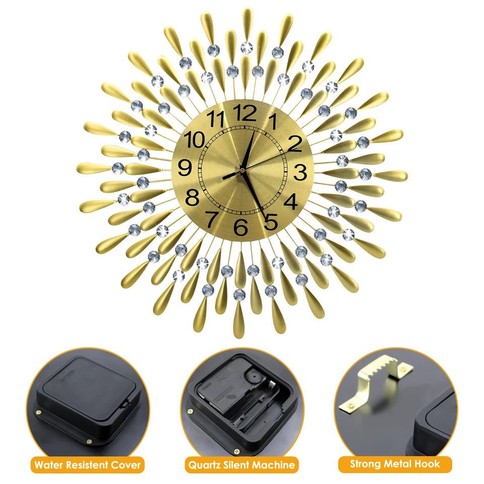 60cm Diamante Beaded Crystals Quartz Jeweled Wall Clock Home Decor Living Room - Image 4 of 4