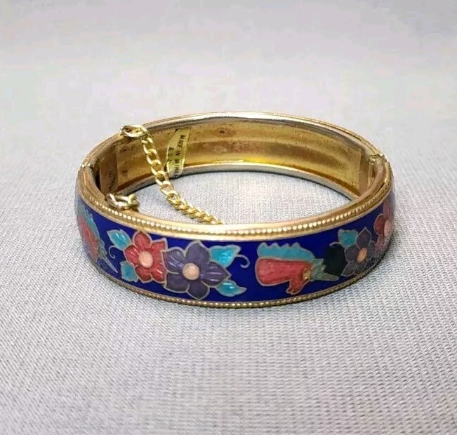 Bangle Bracelet Hinged Cuff Unicorns Flowers Cloisonne Enamel Goldtone