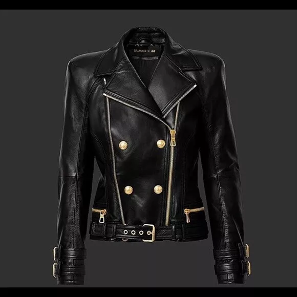 NEW BALMAIN x H M Black Leather Biker Motorcycle Jacket US 6 8 EU