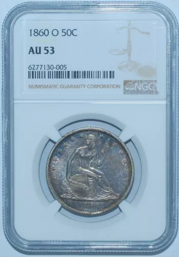 1860 O NGC AU53 WB-105 RPM Repunched Mint Mark Seated Liberty Half Dollar