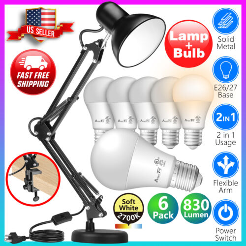Black Desk Lamp Adjustable Swing Arm 6pack 2700K\3000\K5000 LED Light Bulbs - Picture 3 of 35