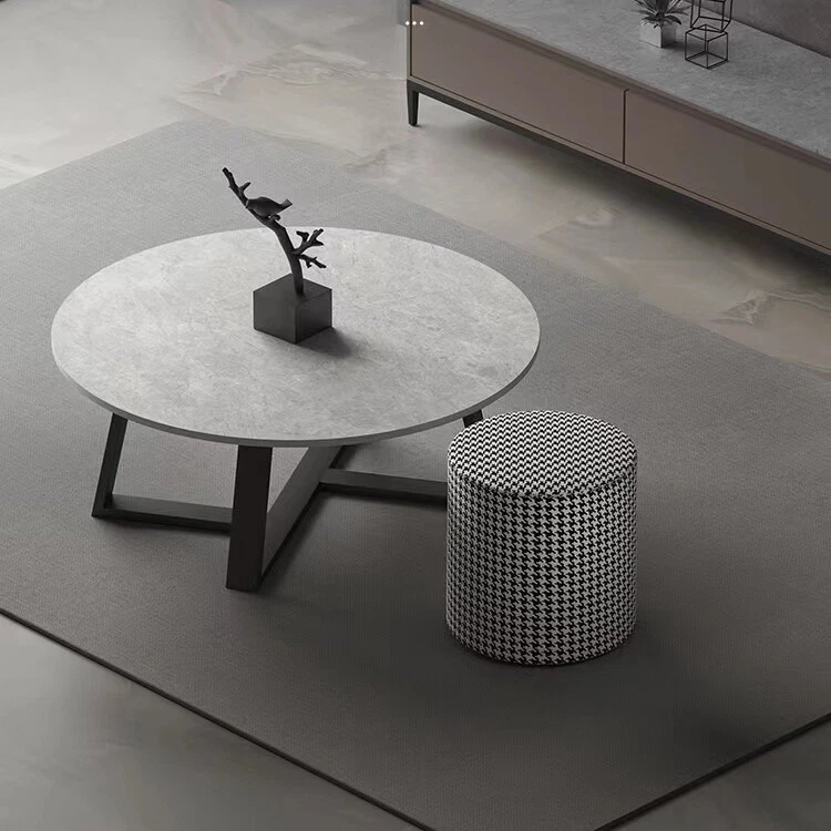 Set of 2 Modern Nesting Coffee Table Round Accent Cafe Table Grey Sintered Stone - Image 4 of 4